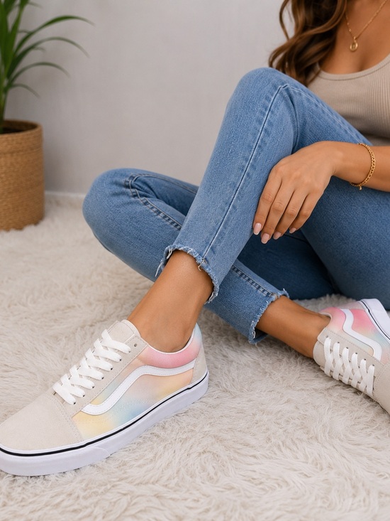 Vans Shoes - Vans Women’s Cream Sneakers with Pastel Rainbow Panels
